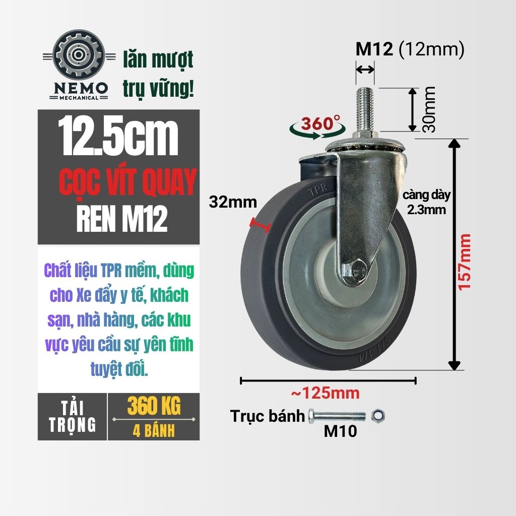 Bánh Xe Cao Su TPR Xám Cọc Vít M12 – Chống Ồn, Giảm Chấn (D75, D100, D125)